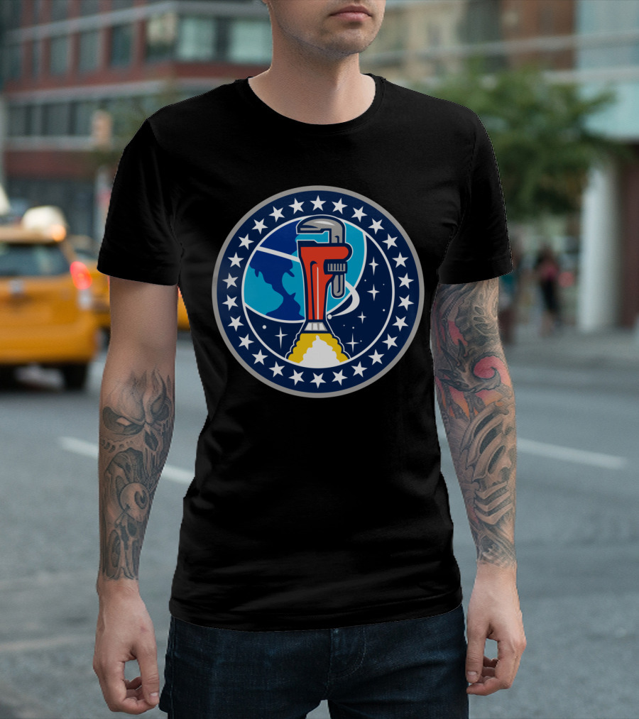 Pipe Wrench Rocket Booster Orbiting Earth Space Mission T-Shirt