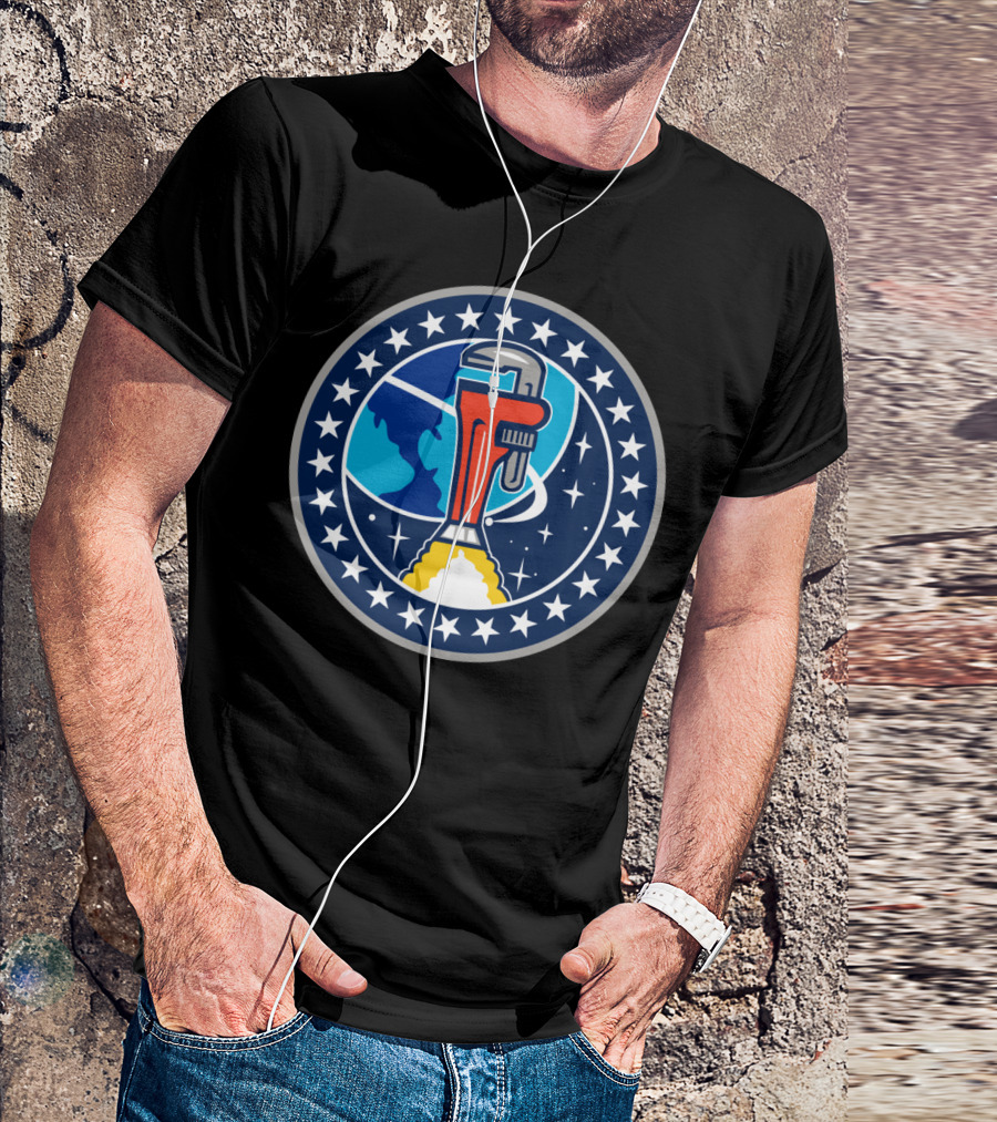 Pipe Wrench Rocket Booster Orbiting Earth Space Mission T-Shirt