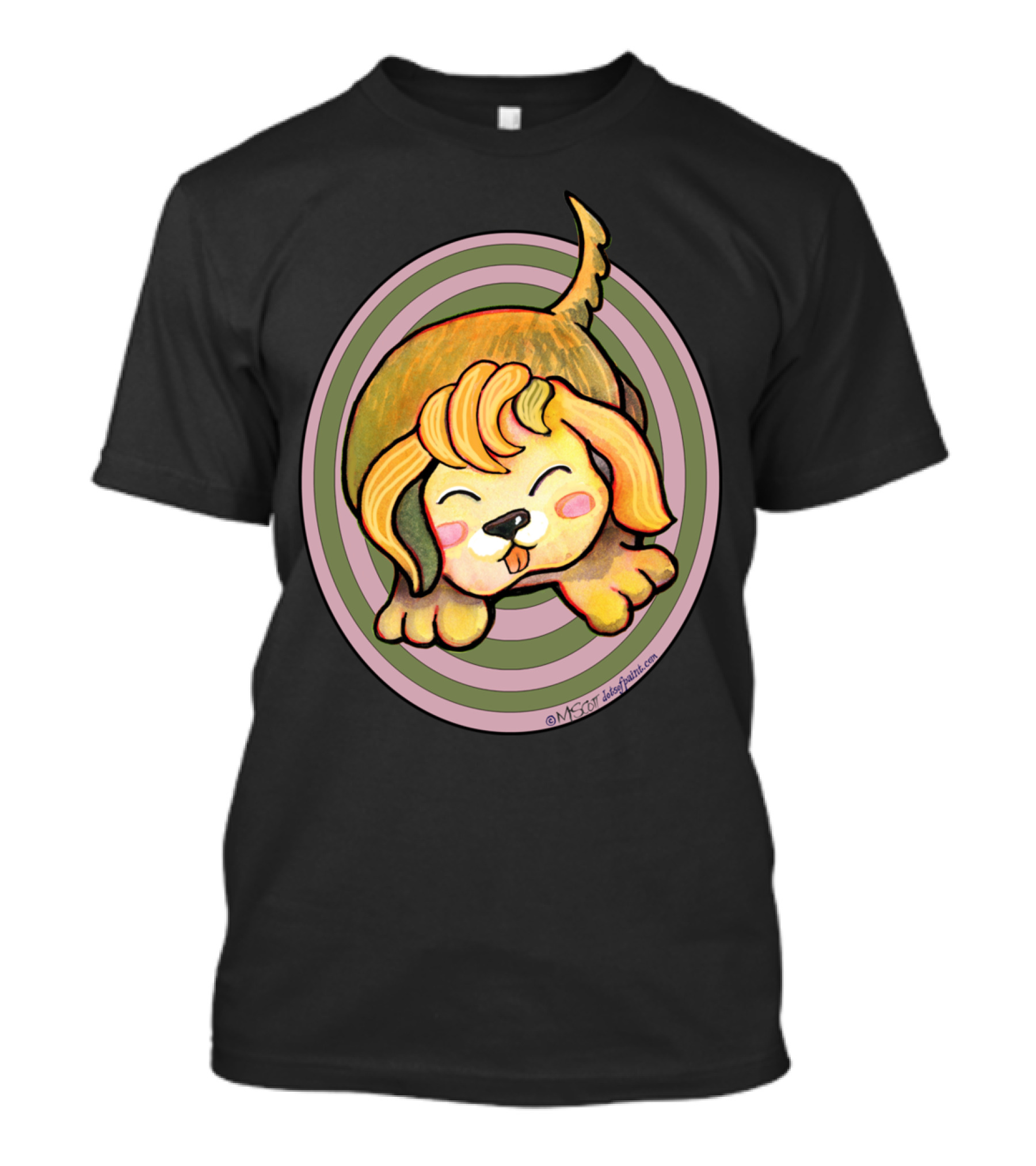 KAWAII Cute Golden Retriever Dog By Dotsofpa With Playful Expression And Swirl Background T-Shirt