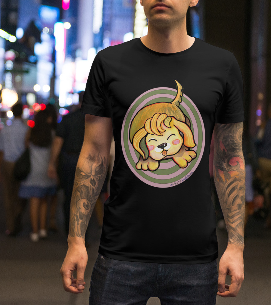 KAWAII Cute Golden Retriever Dog By Dotsofpa With Playful Expression And Swirl Background T-Shirt