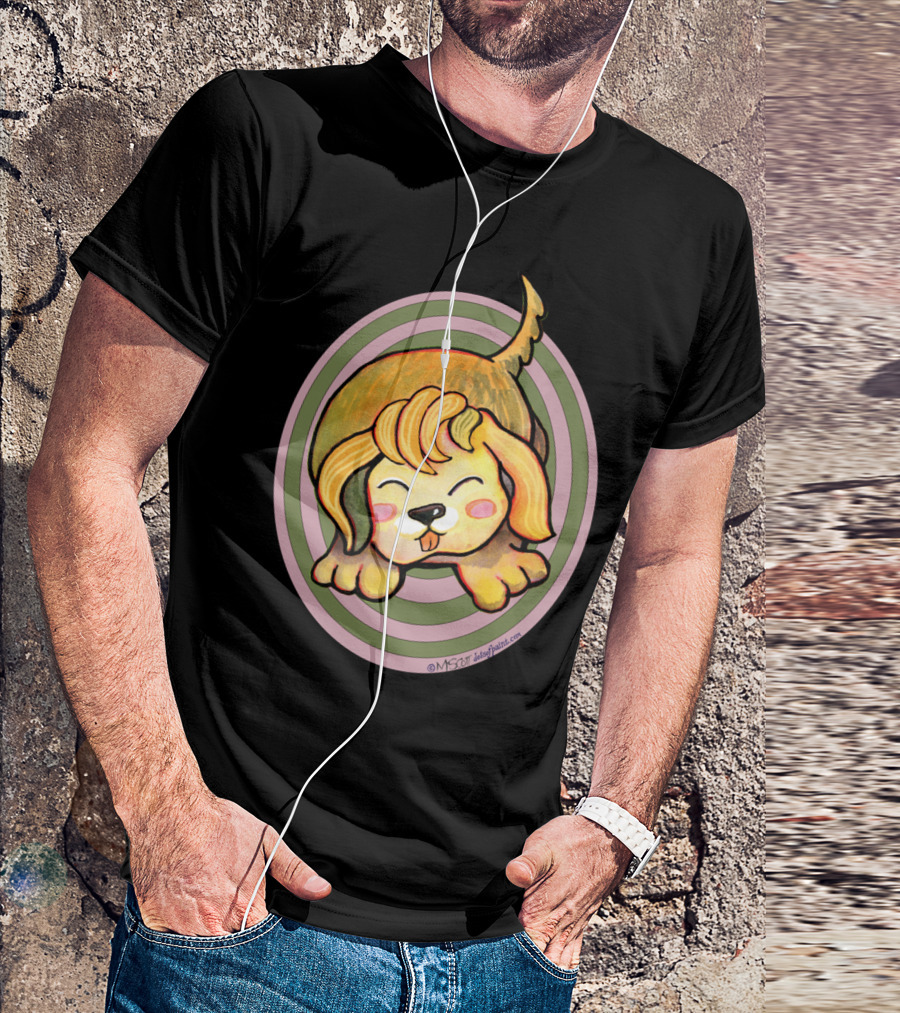 KAWAII Cute Golden Retriever Dog By Dotsofpa With Playful Expression And Swirl Background T-Shirt