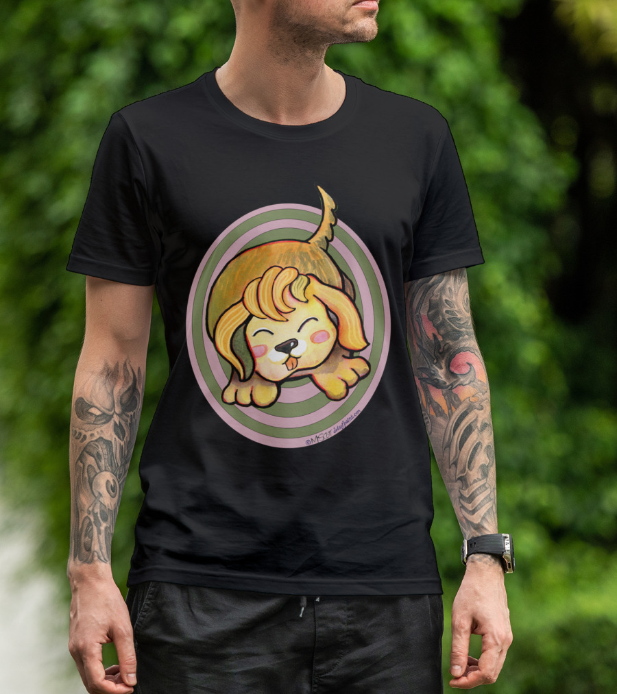 KAWAII Cute Golden Retriever Dog By Dotsofpa With Playful Expression And Swirl Background T-Shirt