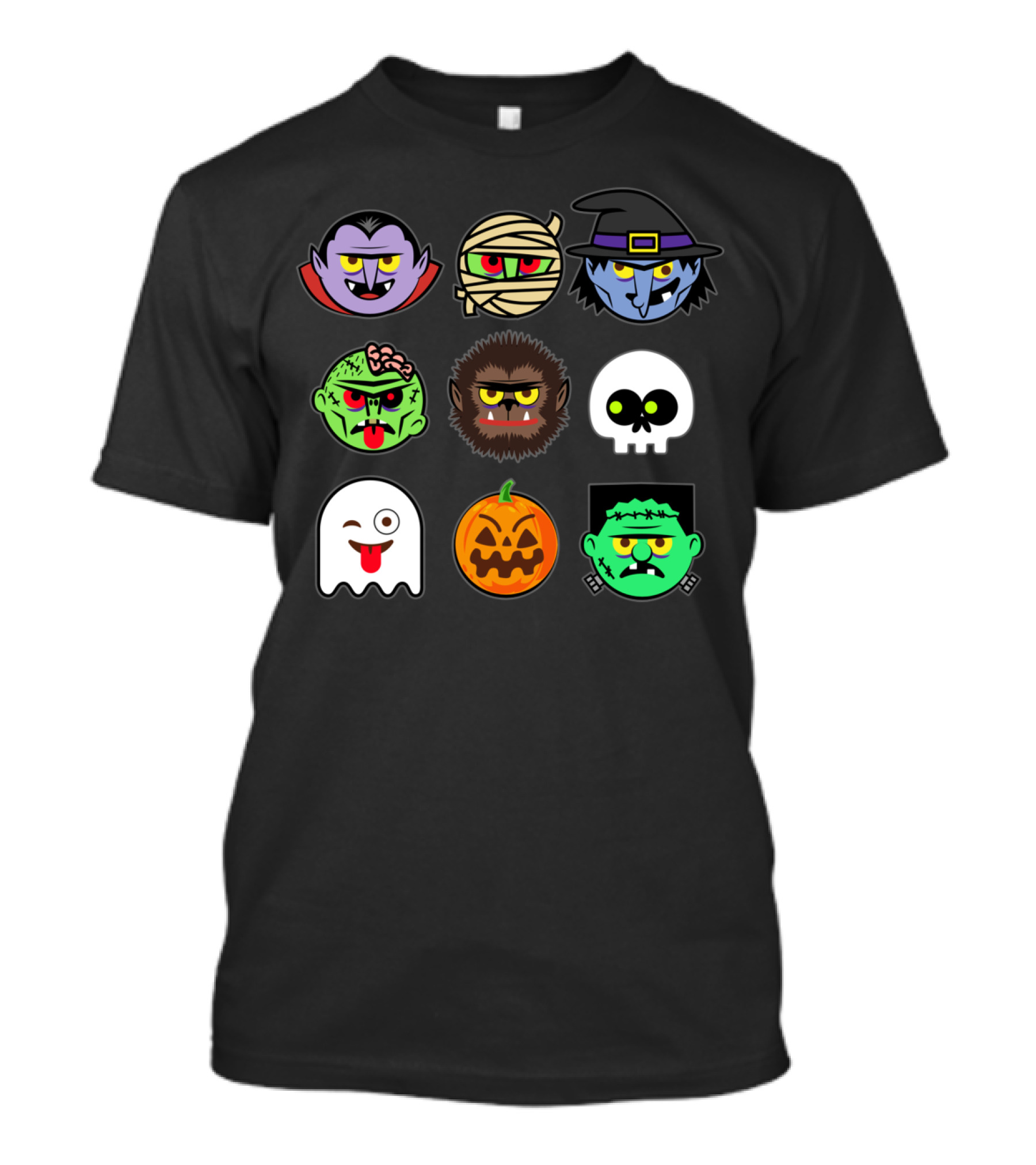 MONSTER FACES Halloween Emoji Dracula Mummy Witch Zombie Werewolf Skull Ghost Pumpkin Frankenstein T-Shirt