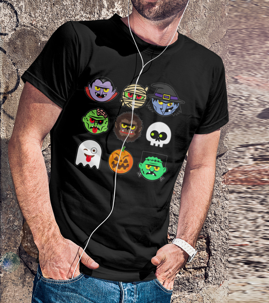 MONSTER FACES Halloween Emoji Dracula Mummy Witch Zombie Werewolf Skull Ghost Pumpkin Frankenstein T-Shirt