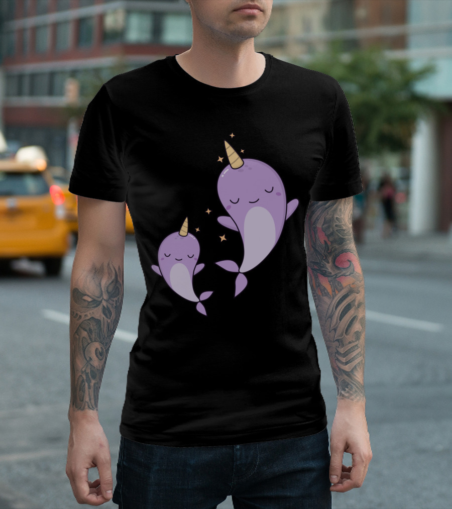 Kawaii Cute Narwhals Dreaming With Stars In The Ocean T-Shirt