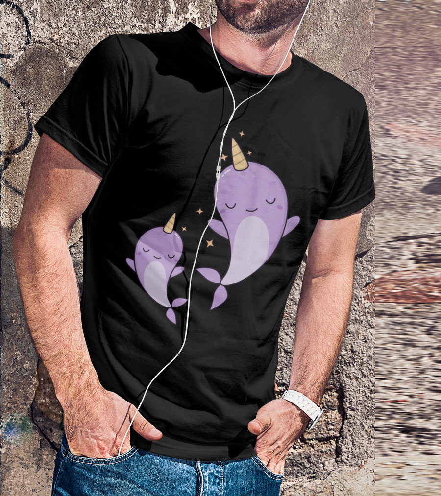 Kawaii Cute Narwhals Dreaming With Stars In The Ocean T-Shirt