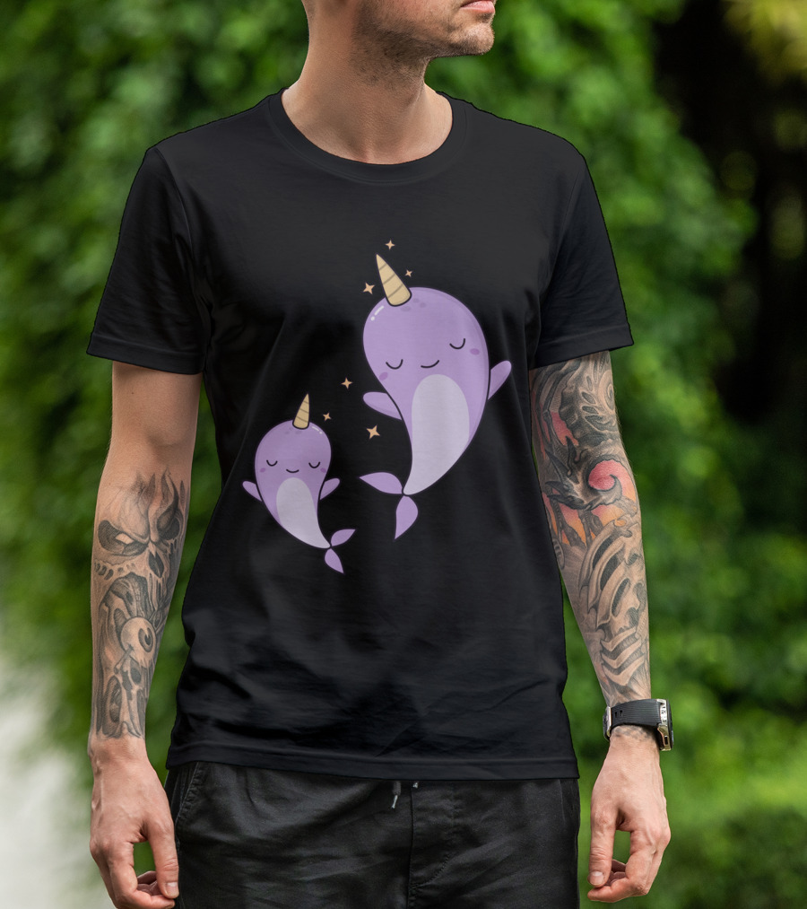 Kawaii Cute Narwhals Dreaming With Stars In The Ocean T-Shirt