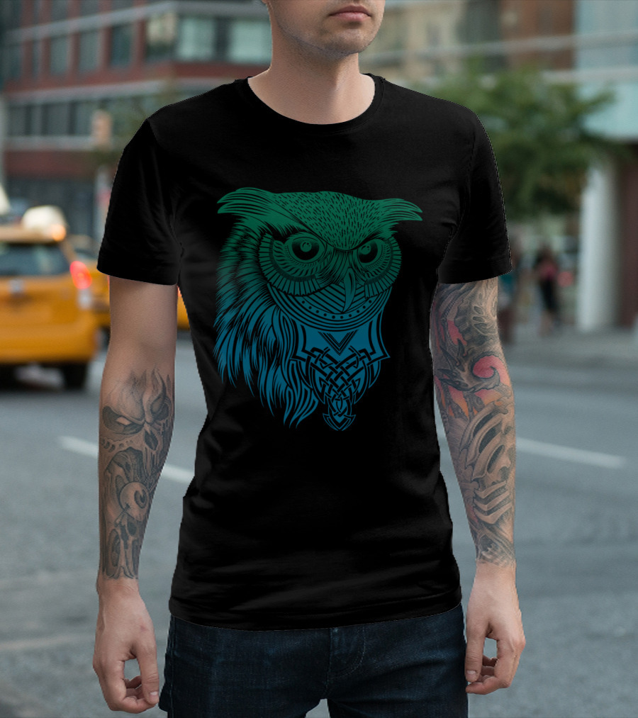 Warrior Owl Celtic Style Graphic Blue Green Owl T-Shirt