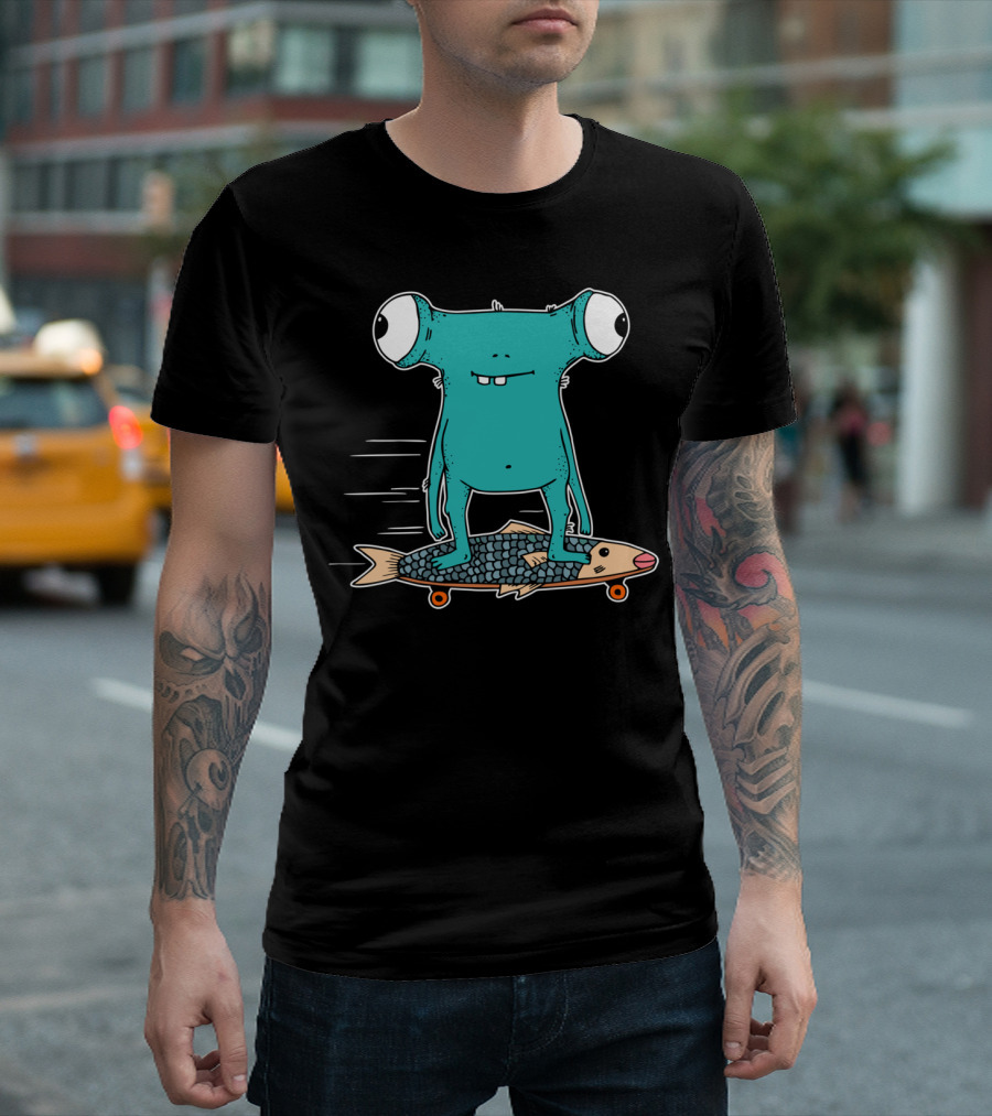 Monster Longboarding Fish Skateboard Adventure T-Shirt