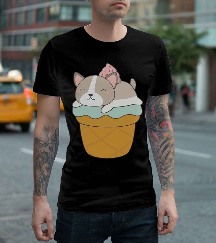 Kawaii Puppy Dog Sleeping On Ice Cream Cone Cupcake T-Shirt
