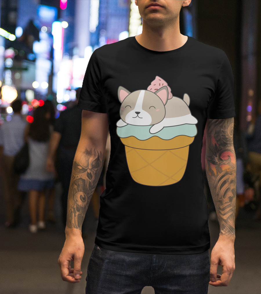 Kawaii Puppy Dog Sleeping On Ice Cream Cone Cupcake T-Shirt