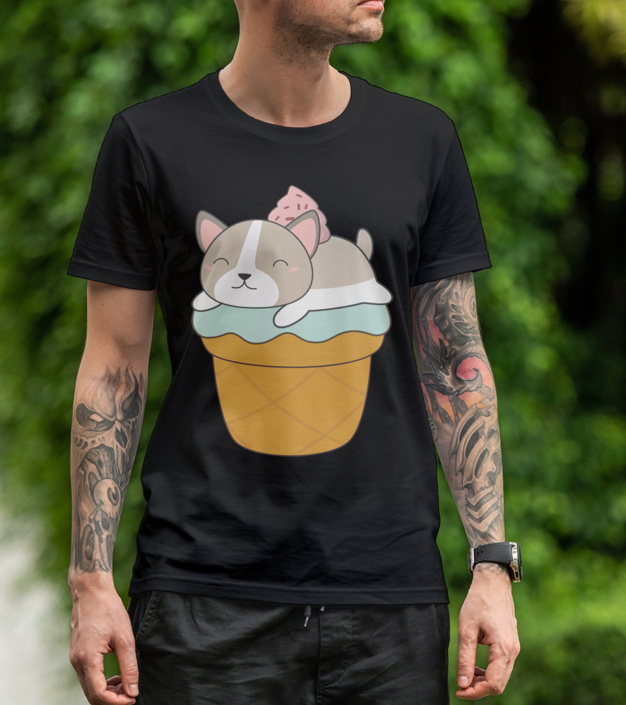 Kawaii Puppy Dog Sleeping On Ice Cream Cone Cupcake T-Shirt