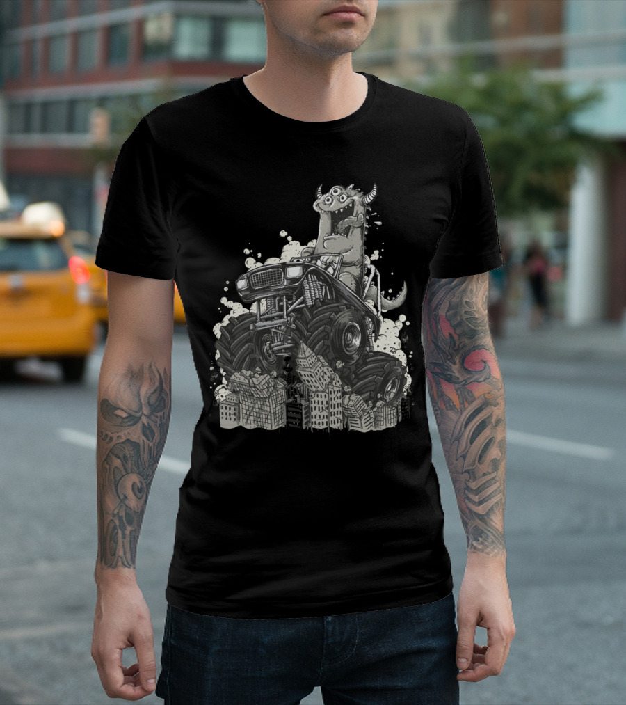 Monster Truck City Smash with Horned Creature T-Shirt