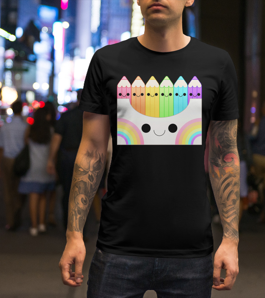 Kawaii Rainbow Pencil Box With Smiling Faces T-Shirt
