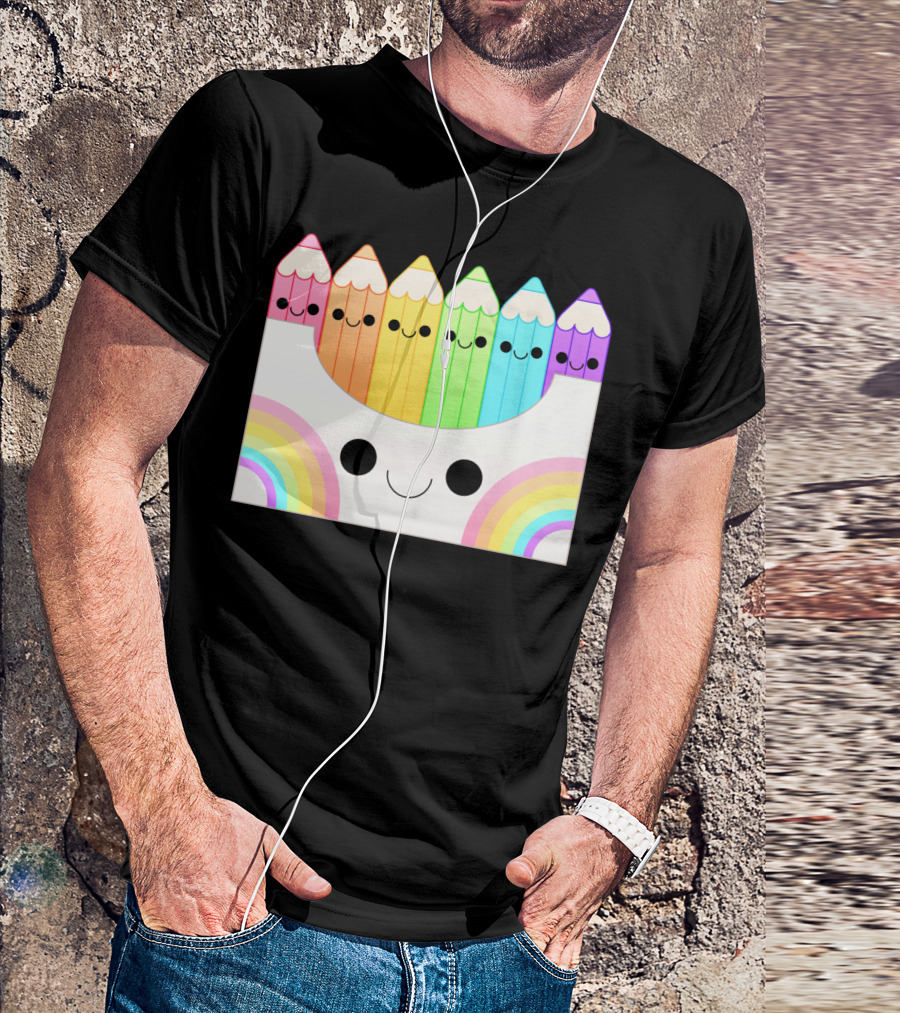 Kawaii Rainbow Pencil Box With Smiling Faces T-Shirt