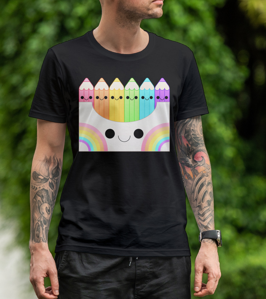 Kawaii Rainbow Pencil Box With Smiling Faces T-Shirt
