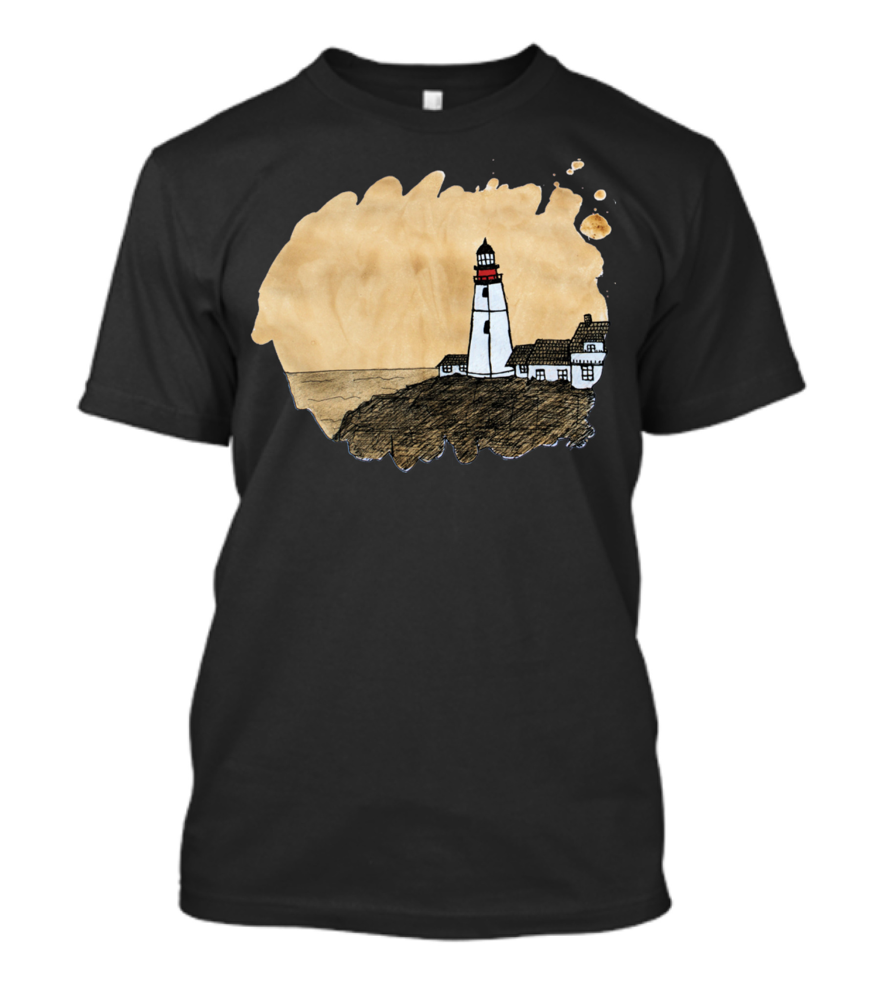 Lighthouse Positioned On Coffee Stain T-Shirt