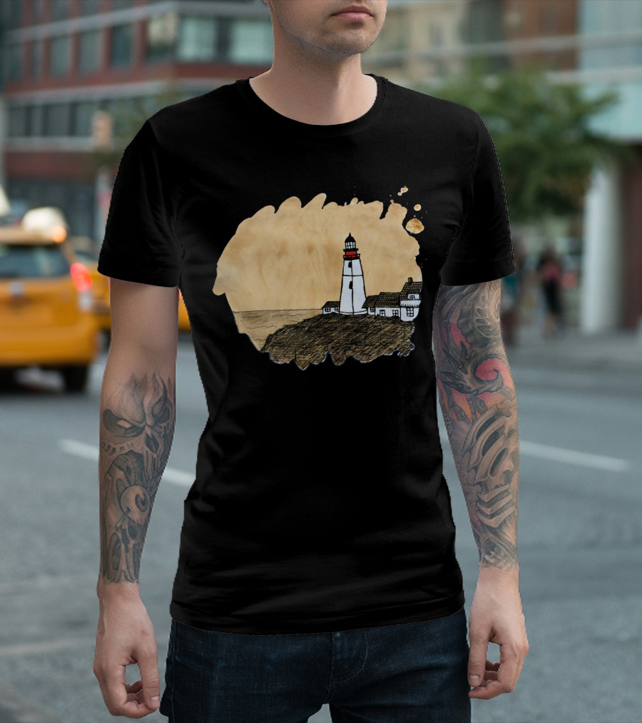 Lighthouse Positioned On Coffee Stain T-Shirt