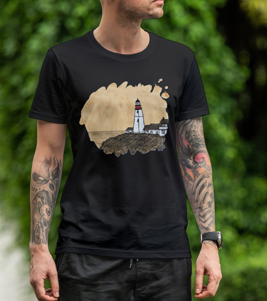 Lighthouse Positioned On Coffee Stain T-Shirt