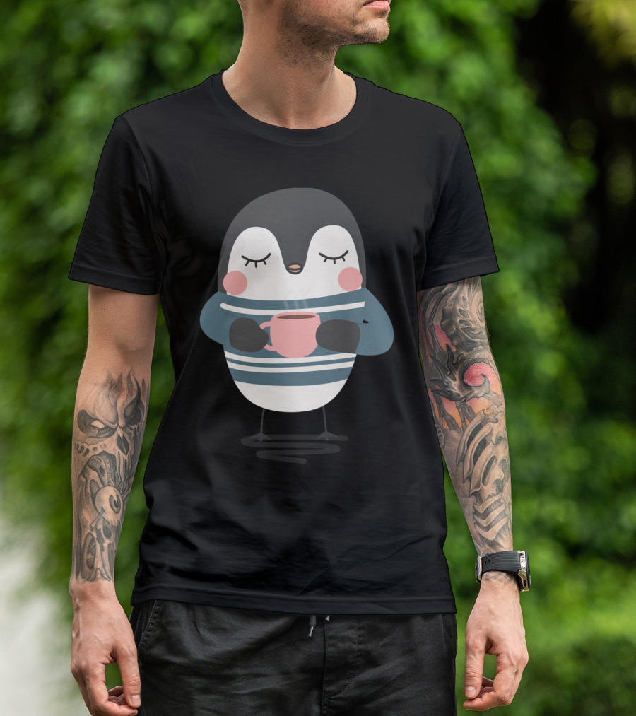 Cozy Kawaii Penguin Enjoying A Cup Of Coffee T-Shirt