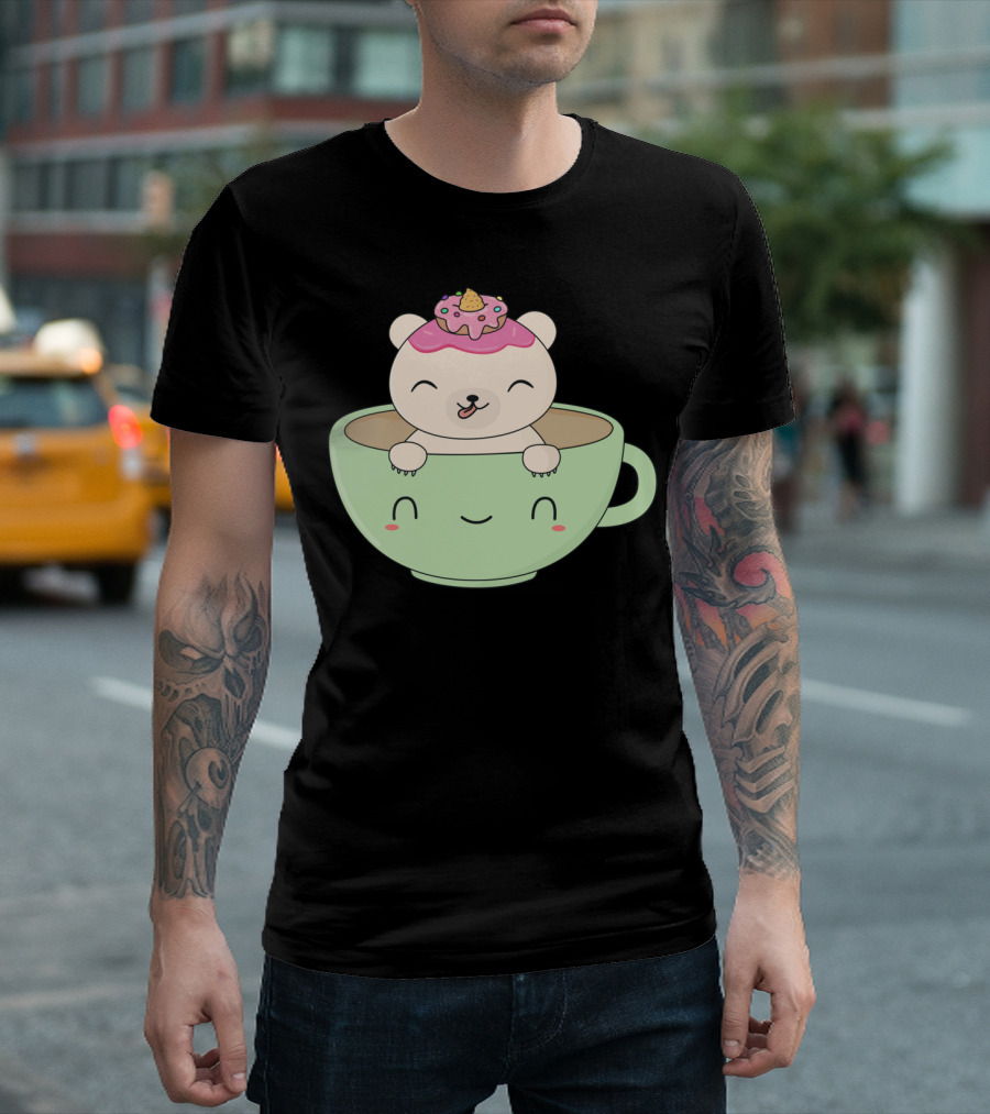 Kawaii Polar Bear With Donut In Happy Coffee Cup T-Shirt