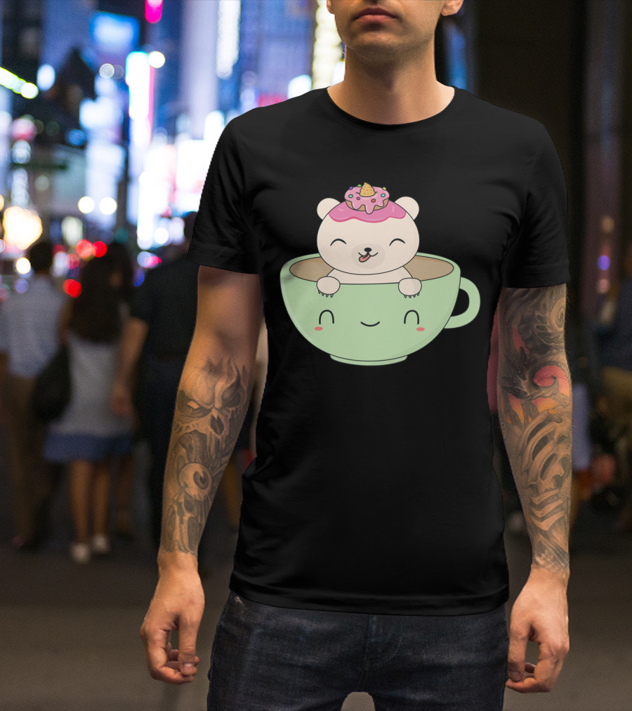 Kawaii Polar Bear With Donut In Happy Coffee Cup T-Shirt