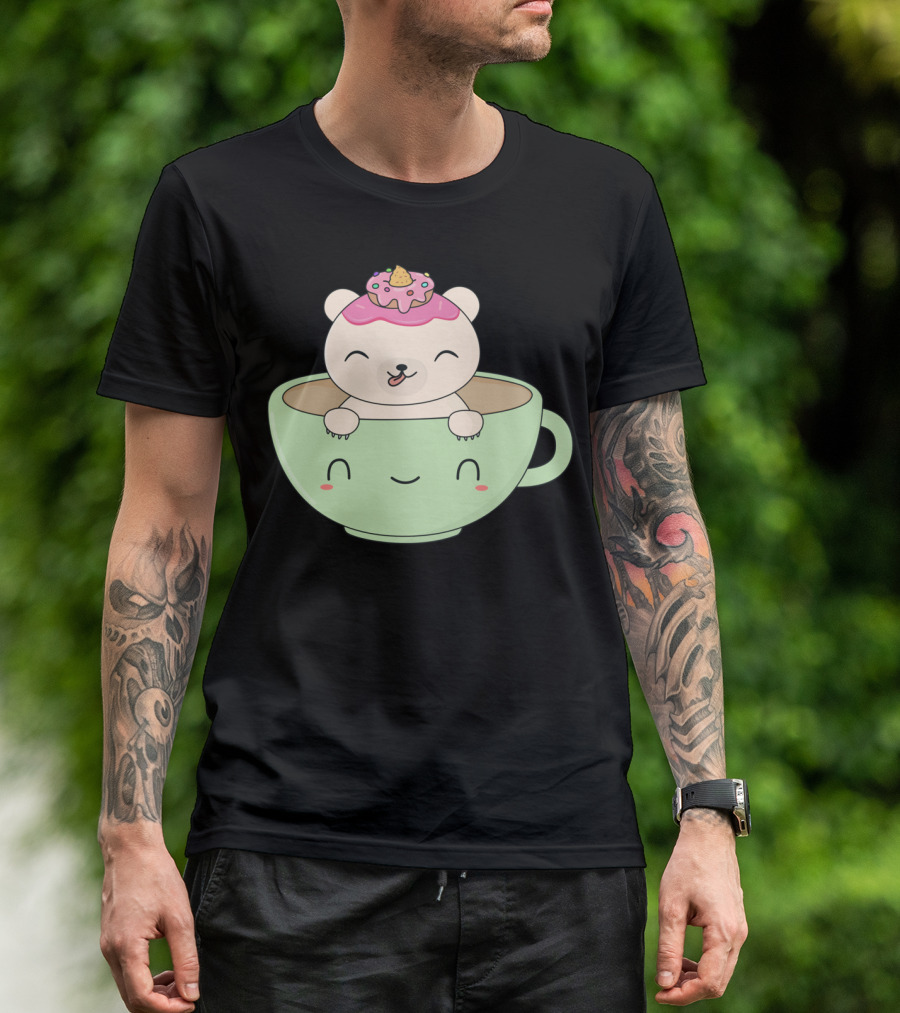 Kawaii Polar Bear With Donut In Happy Coffee Cup T-Shirt