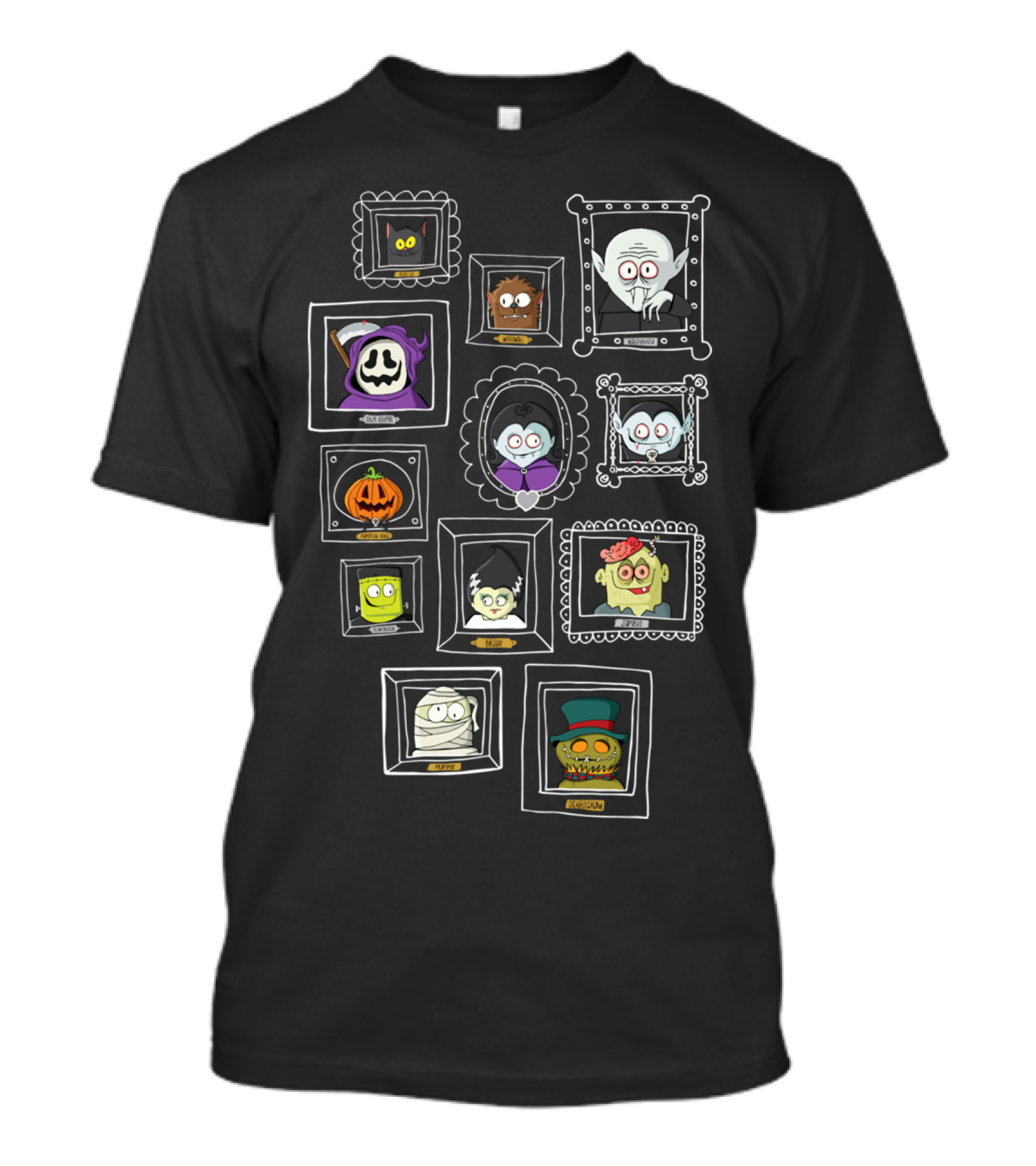 Monsters Hall Haunted Gallery With Dracula Frankenstein Ghost Werewolf Creatures T-Shirt