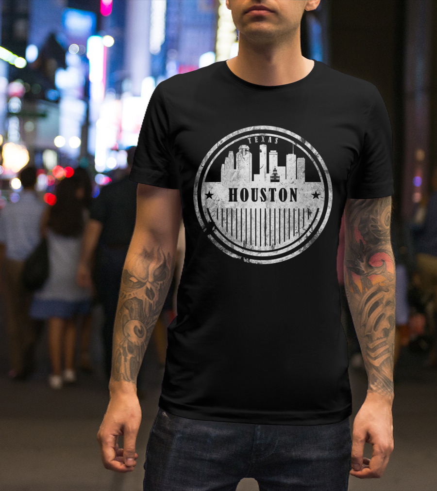 Texas Houston Cityscape Stars And Stripes Circular T-Shirt