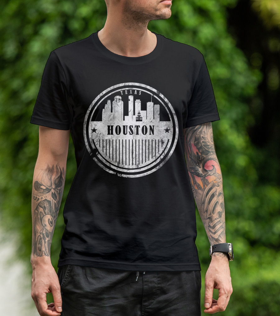 Texas Houston Cityscape Stars And Stripes Circular T-Shirt
