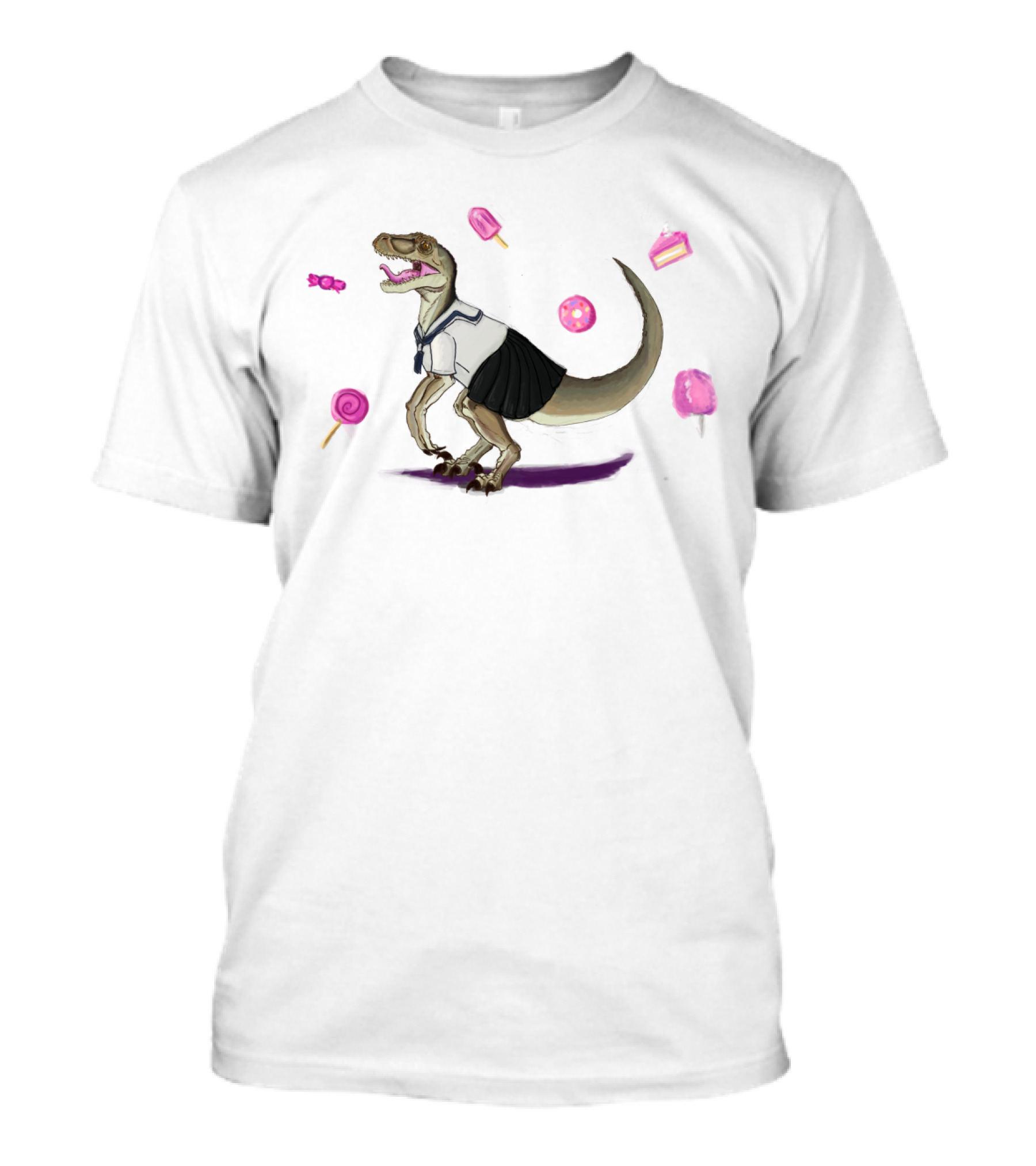 Kawaii Raptor In Schoolgirl Outfit Surrounded By Sweets T-Shirt