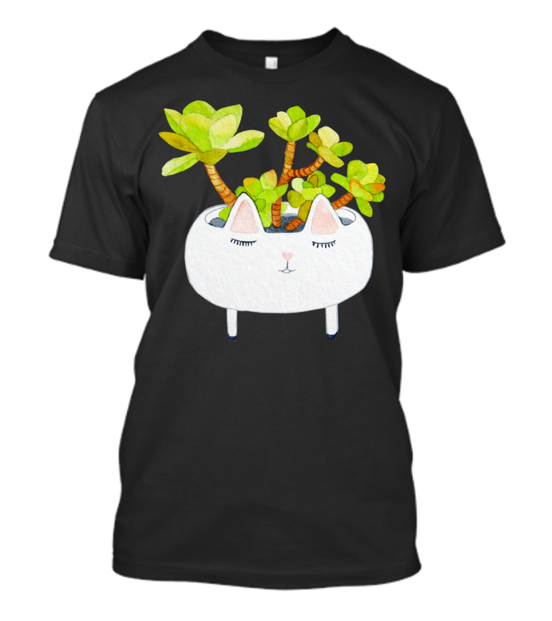 Kawaii Succulent Cat Planter With Green Leaves T-Shirt