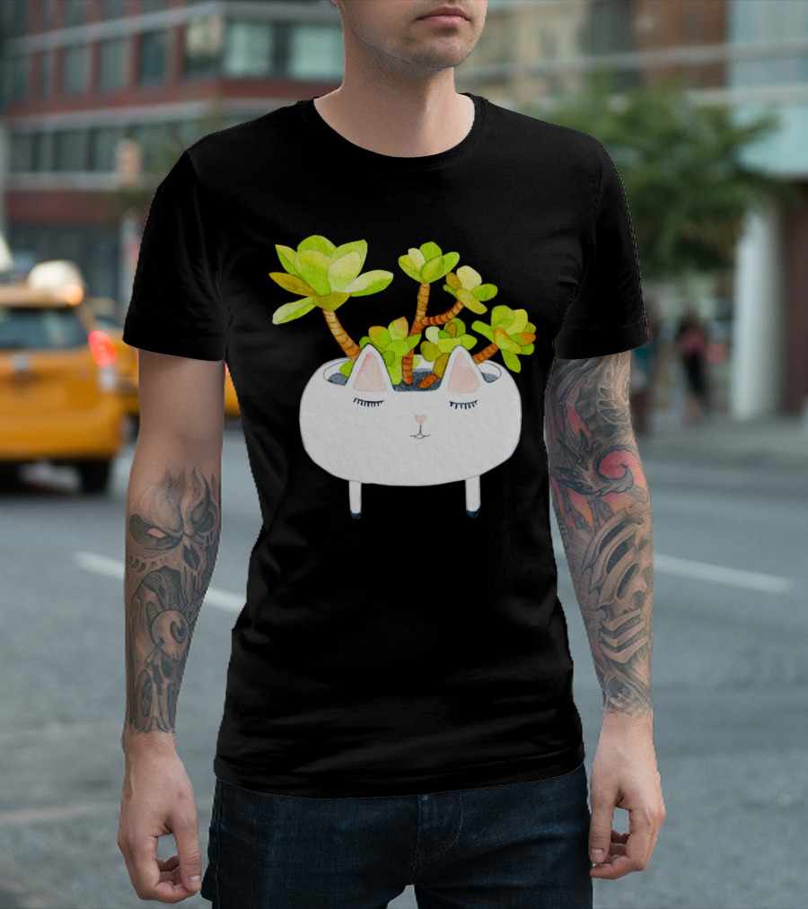 Kawaii Succulent Cat Planter With Green Leaves T-Shirt