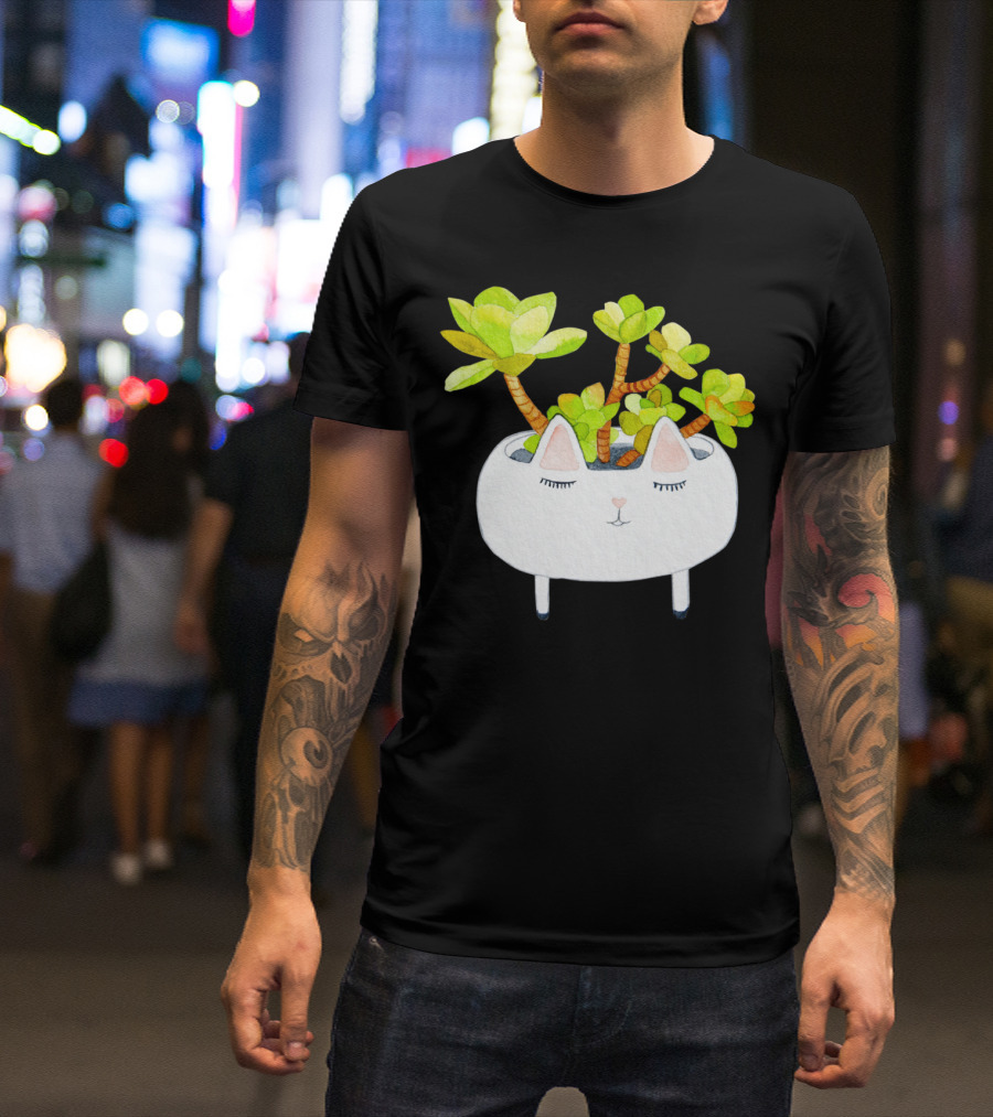 Kawaii Succulent Cat Planter With Green Leaves T-Shirt