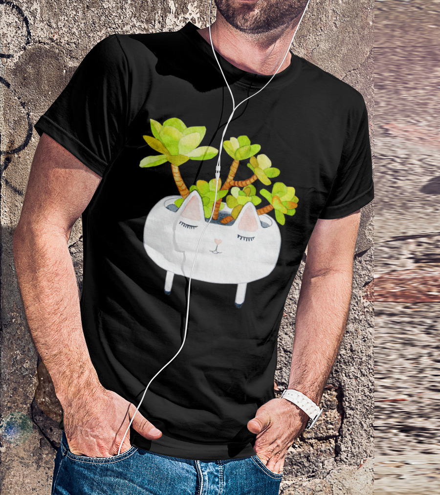 Kawaii Succulent Cat Planter With Green Leaves T-Shirt