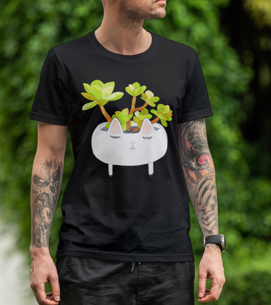 Kawaii Succulent Cat Planter With Green Leaves T-Shirt