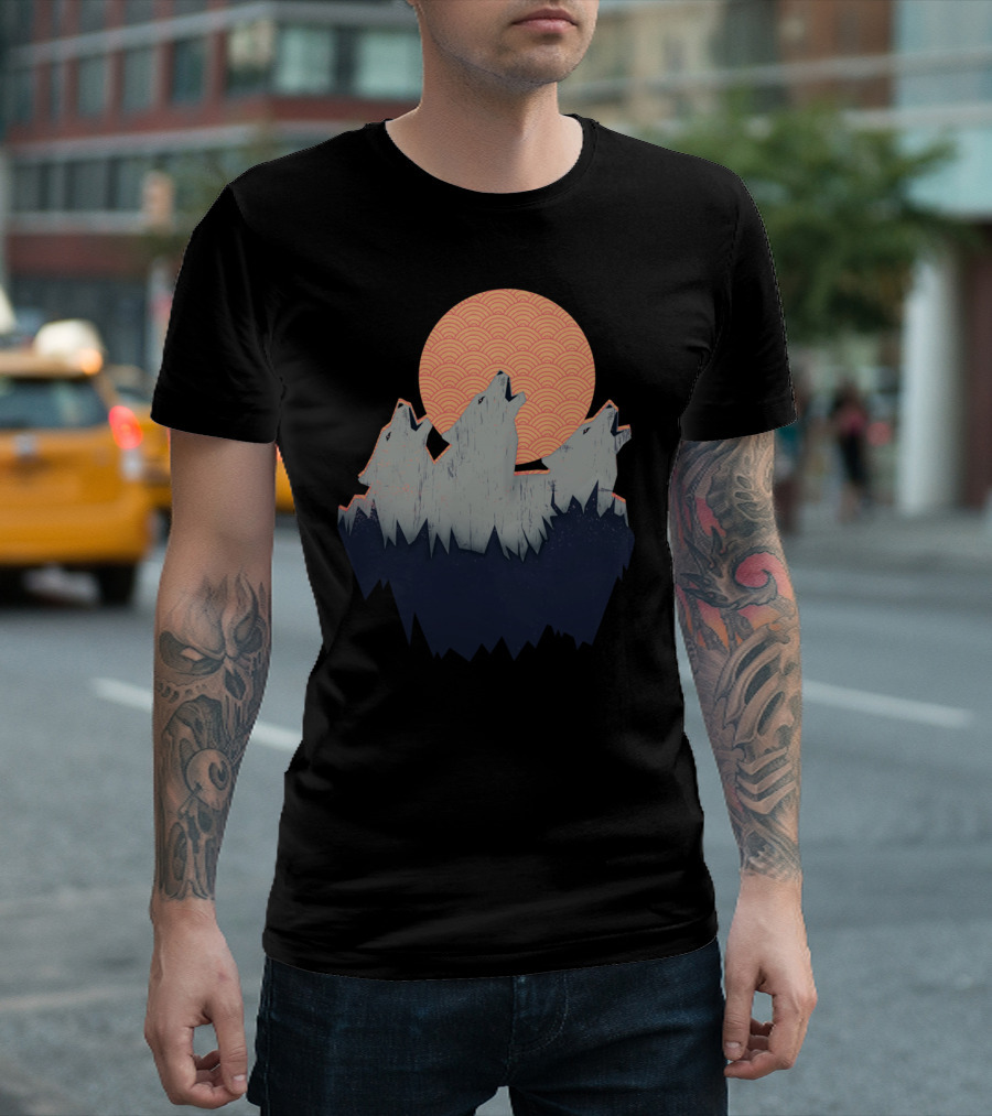 Howling Moon Wolves Under Geometric Sunrise T-Shirt