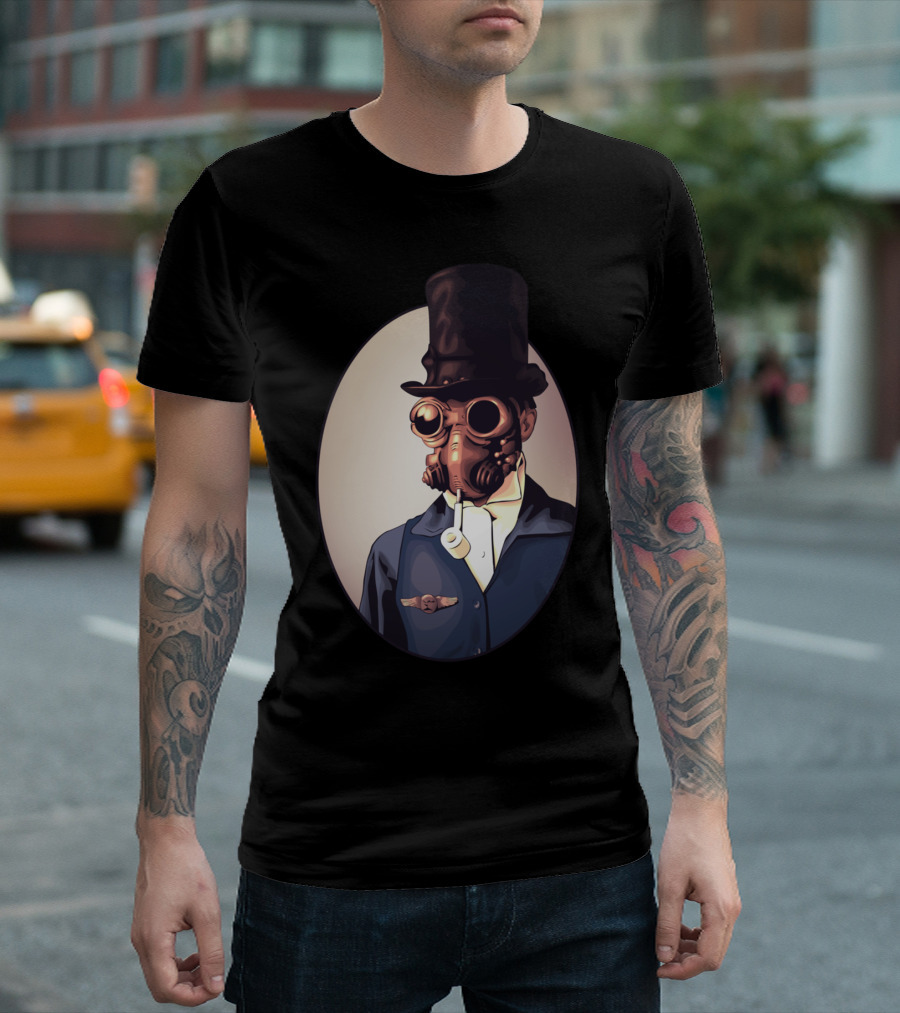 Steampunk Gas Mask Gentleman with Top Hat and Winged Emblem T-Shirt