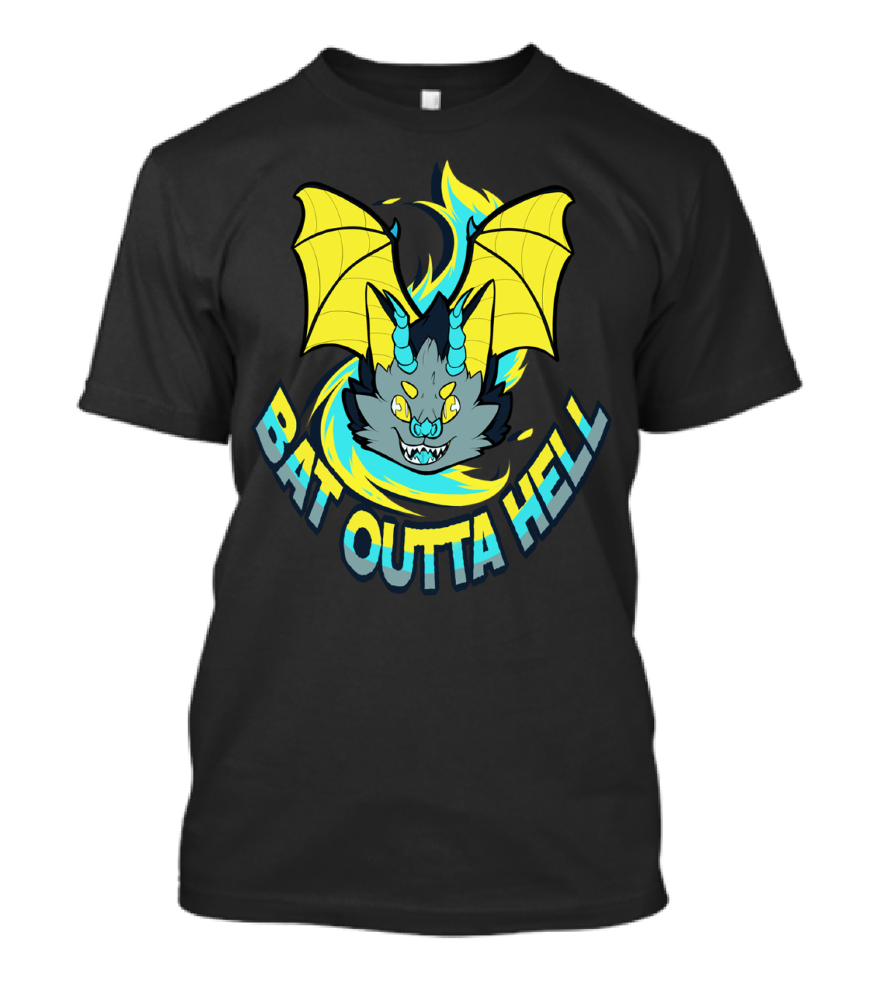 BAT OUTTA HELL Yellow Winged Creature With Neon Blue Flames T-Shirt