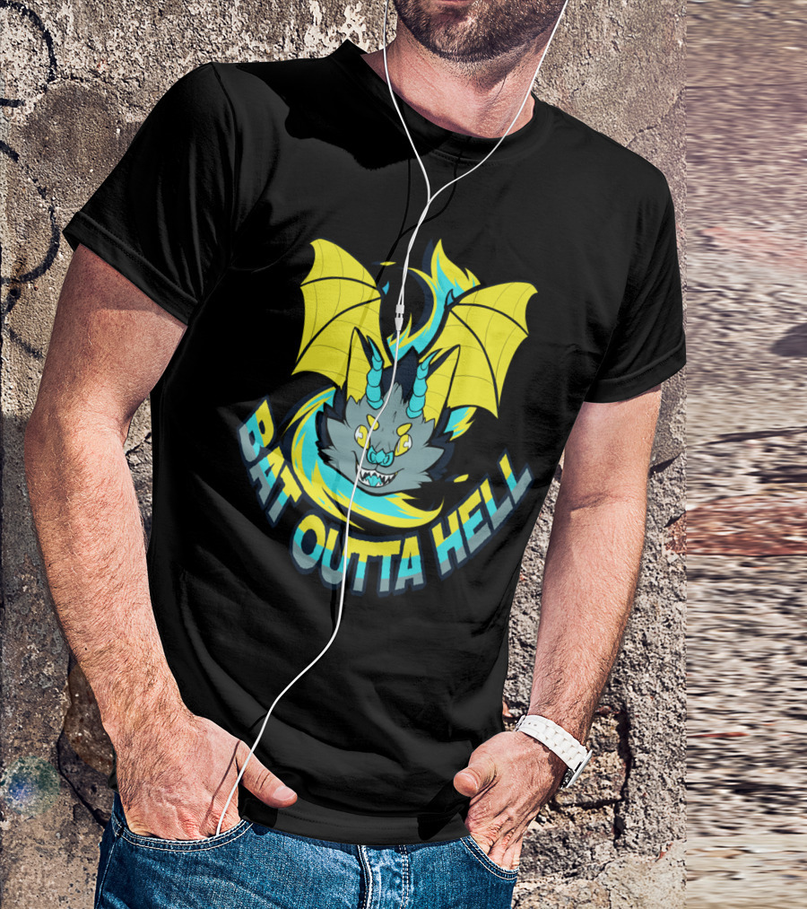 BAT OUTTA HELL Yellow Winged Creature With Neon Blue Flames T-Shirt