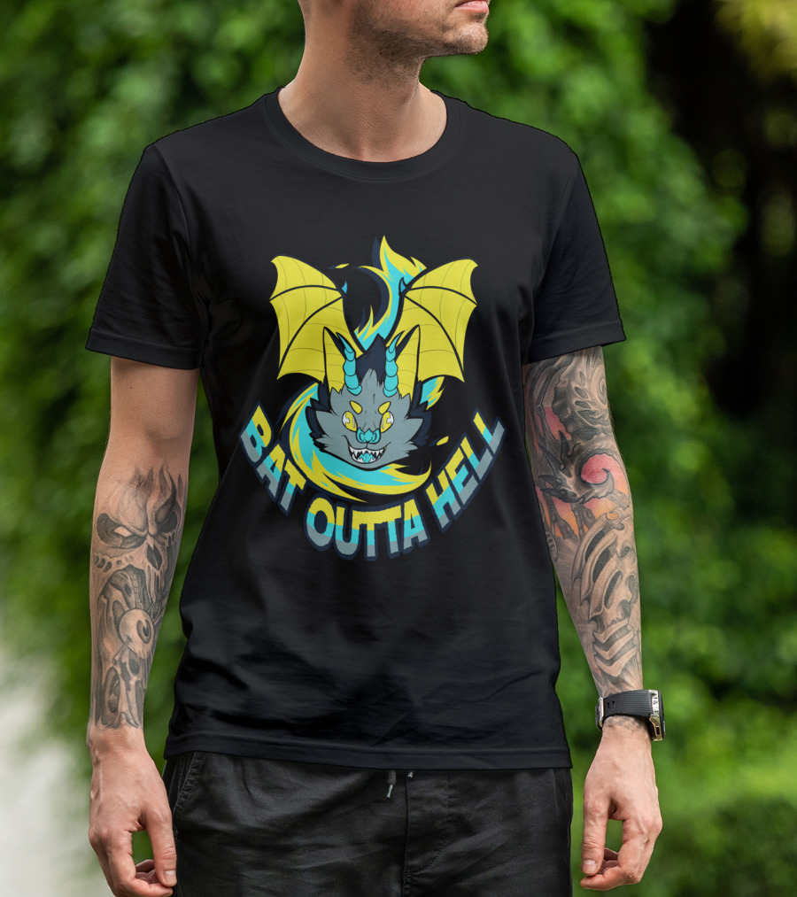 BAT OUTTA HELL Yellow Winged Creature With Neon Blue Flames T-Shirt