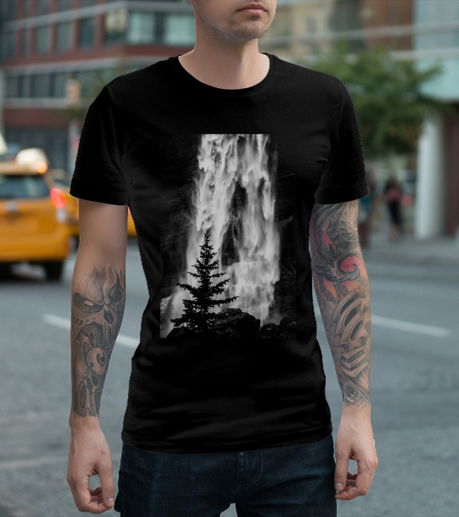 Waterfall Tree Landscape Black And White Photography T-Shirt
