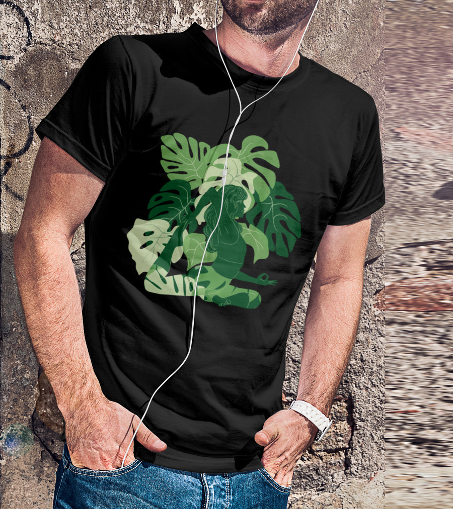 One Legged King Pigeon Pose With Lush Green Tropical Leaves T-Shirt