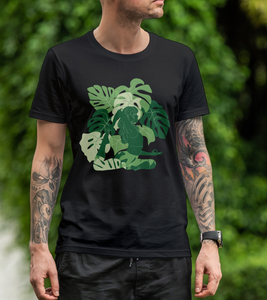 One Legged King Pigeon Pose With Lush Green Tropical Leaves T-Shirt