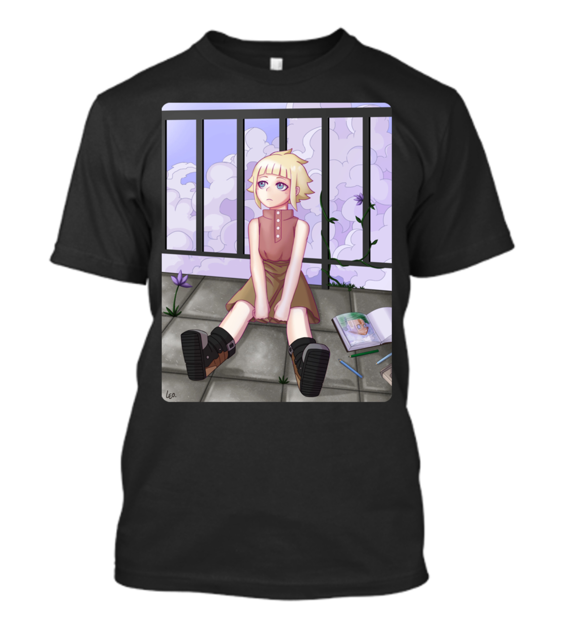 Liliet Melancholic Character Gazing At Cloudy Sky With Book And Crayons On Balcony By Leo T-Shirt