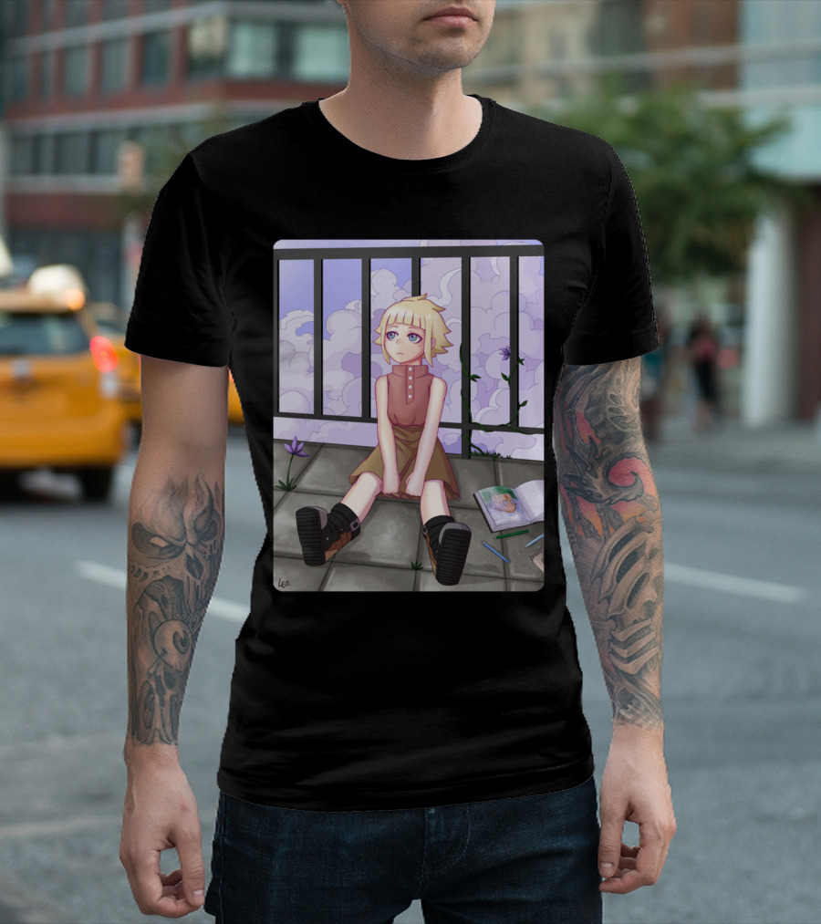 Liliet Melancholic Character Gazing At Cloudy Sky With Book And Crayons On Balcony By Leo T-Shirt