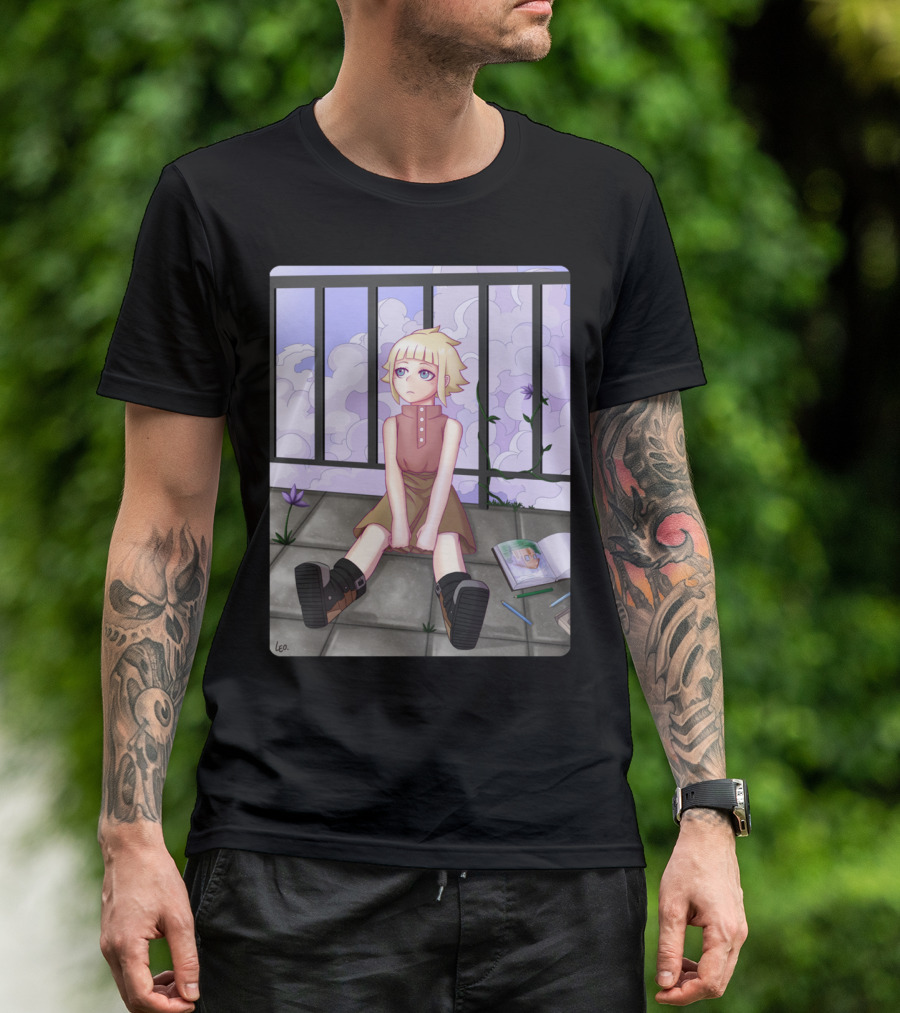 Liliet Melancholic Character Gazing At Cloudy Sky With Book And Crayons On Balcony By Leo T-Shirt
