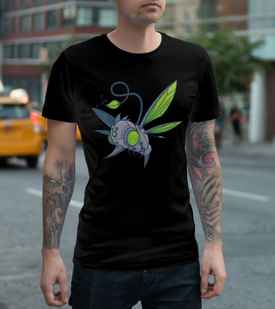 HUMM BUZZ Robotic Futuristic Neon Green Mechanical Insect Spaceship T-Shirt