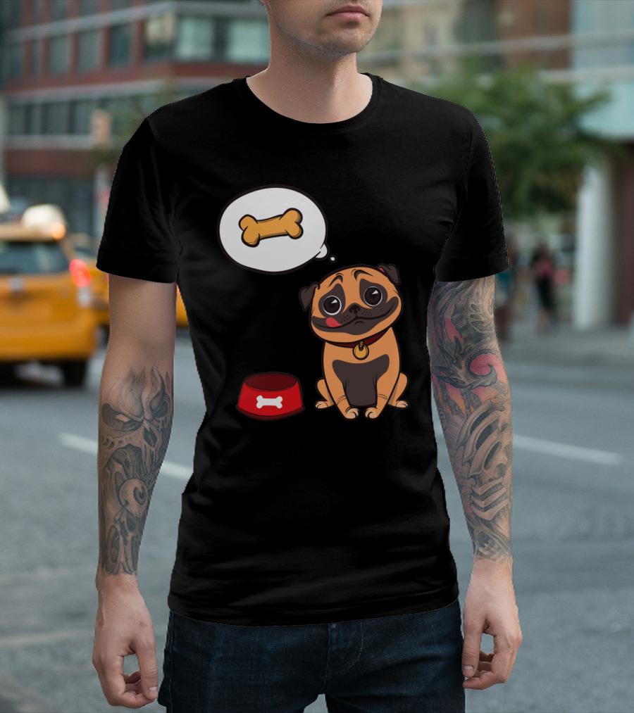 Hungry Dog with Bone Thought Bubble Near Red Bowl T-Shirt