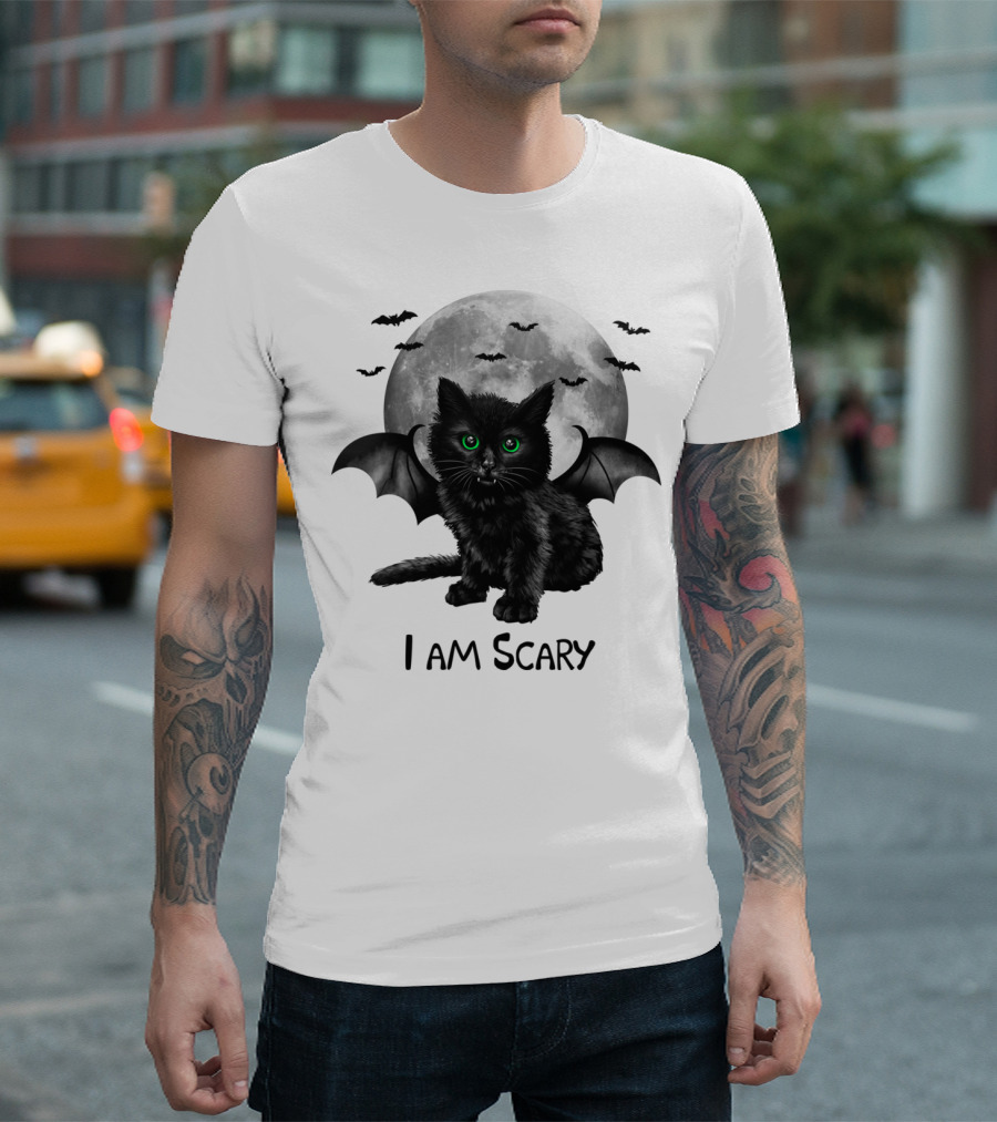 I Am Scary Bat Winged Cat with Moon and Bats T-Shirt